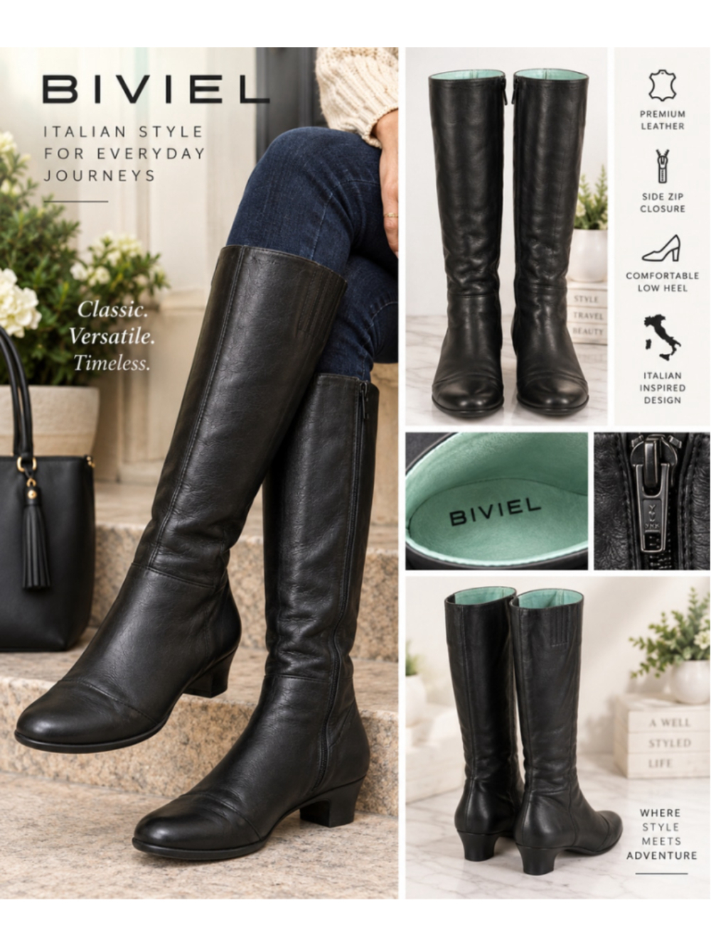 Biviel Black Leather Knee High Boots Side Zip Low Heel Made in Italy Style